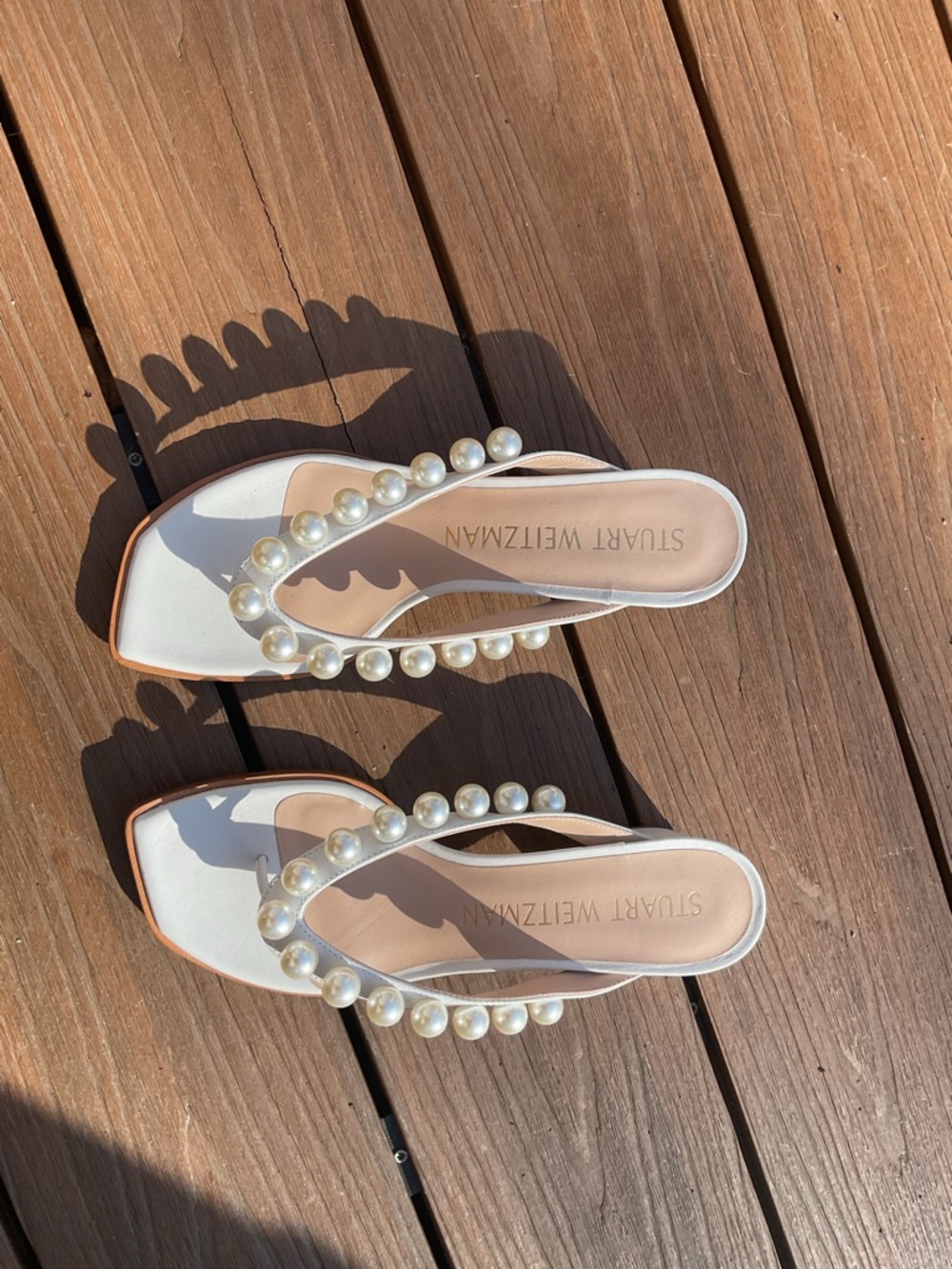 Stuart Weitzman White Pearl-Trim Slide Mules